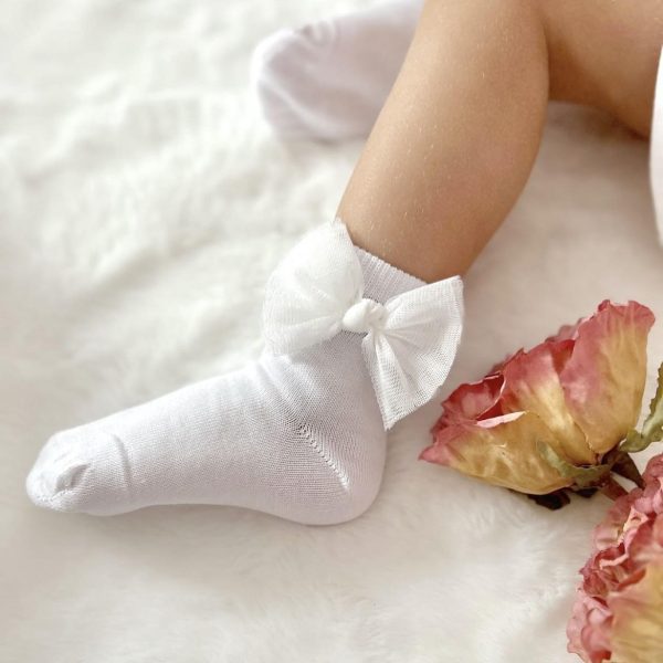 MEIA PATA Ponožky biele s tylovou mašľou Socks white tulle knot bow 3055S | Welcomebaby.sk