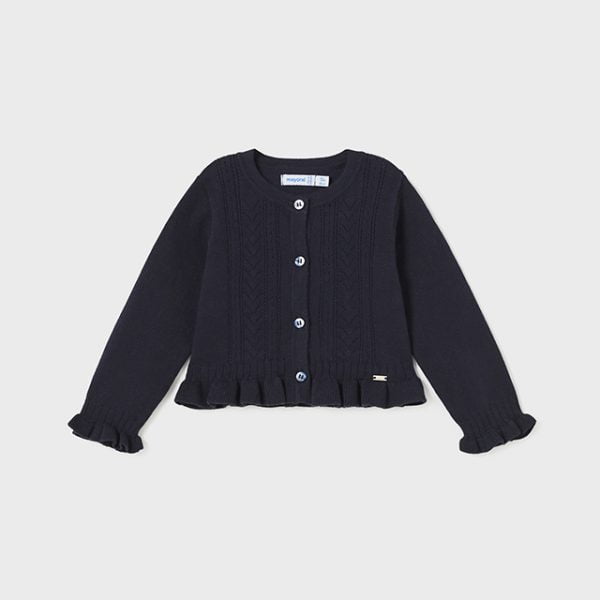 MAYORAL Dievčenský elegantný sveter tmavomodrý s volánom Knitting cardigan dark navy 1366 | Welcomebaby.sk