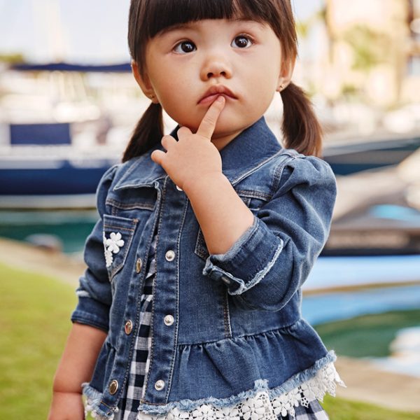 MAYORAL Rifľová bunda s výšivkou Jean ruffle jacket blue 1408 | Welcomebaby.sk