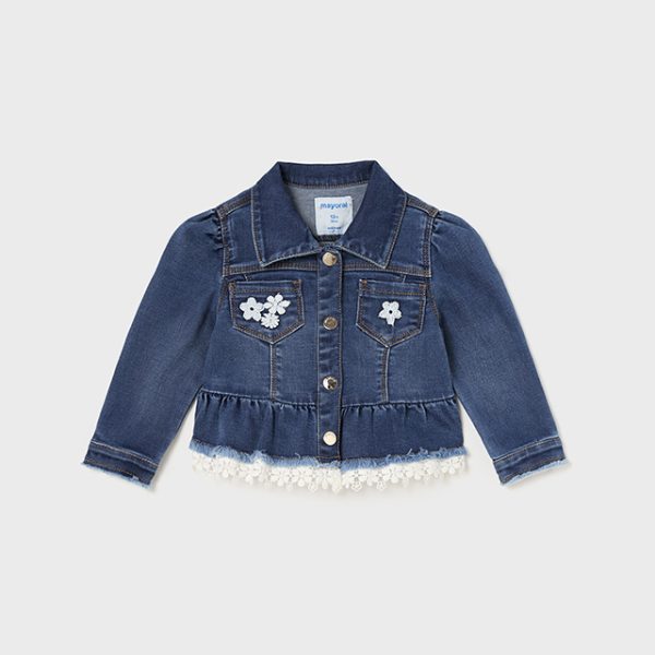 MAYORAL Rifľová bunda s výšivkou Jean ruffle jacket blue 1408 | Welcomebaby.sk