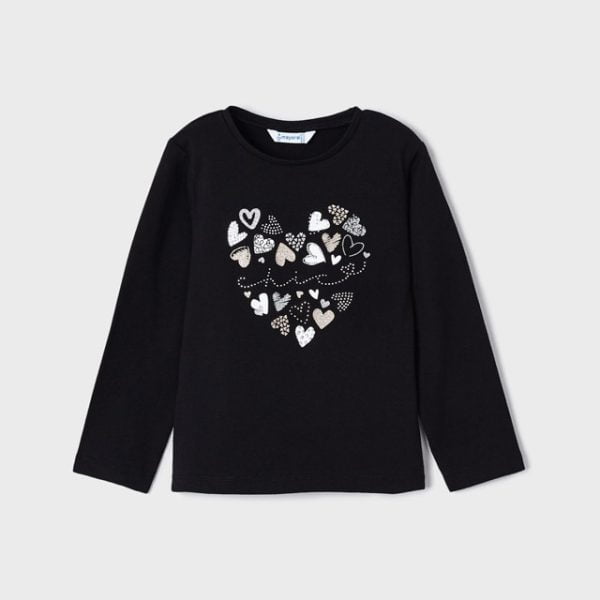 MAYORAL Dievčenské tričko s dlhým rukávom so srdiečkami čierne Long sleeve T-shirt black 178 | Welcomebaby.sk