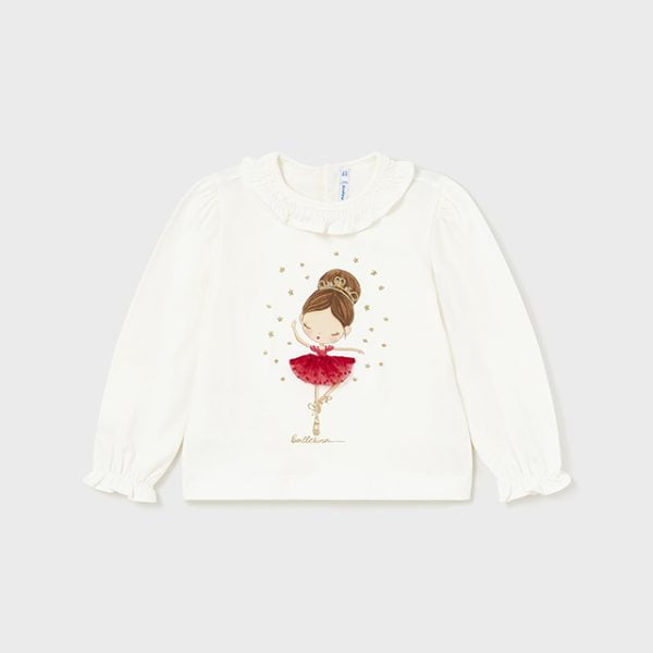 MAYORAL Dievčenské tričko baletka biele červené s dlhým rukávom Long sleeve tshirt ballerina natur red 2006 | Welcomebaby.sk