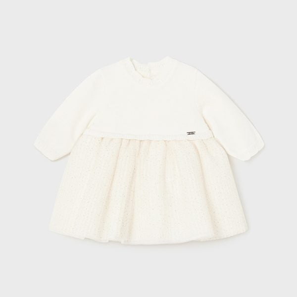 MAYORAL Dievčenské elegantné šaty krémové Pleated knit tulle dress for baby natural 2858 | Welcomebaby.sk