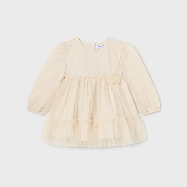 MAYORAL Dievčenské tylové šaty s dlhým rukávom krémové Tulle dress for baby chickpea 2971 | Welcomebaby.sk