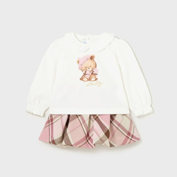 MAYORAL Sukňový set s tričkom s dlhým rukávom a károvanou sukňou ružový Plaid skirt set rose 2995 | Welcomebaby.sk