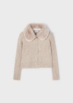 MAYORAL Dievčenský rebrovaný sveter s kožušinovým golierom na gombíky béžový Cardigan beige 4309 | Welcomebaby.sk