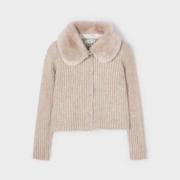 MAYORAL Dievčenský rebrovaný sveter s kožušinovým golierom na gombíky béžový Cardigan beige 4309 | Welcomebaby.sk