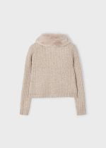 MAYORAL Dievčenský rebrovaný sveter s kožušinovým golierom na gombíky béžový Cardigan beige 4309 | Welcomebaby.sk