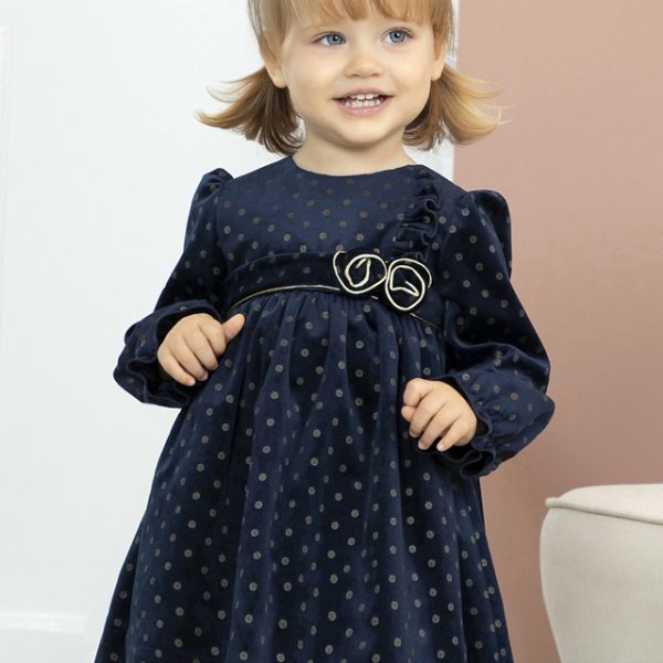 ABEL & LULA Dievčenské zamatové bodkované šaty s dlhým rukávom tmavomodré Polka dot velvet dress navy 5506 | Welcomebaby.sk