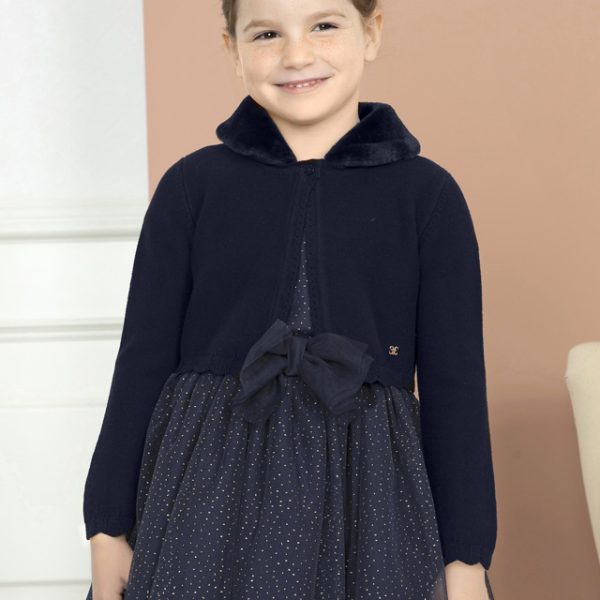 ABEL & LULA Dievčenské bolerko s kožušinovým golierom tmavomodré Faux fur collar cardigan 5862 | Welcomebaby.sk