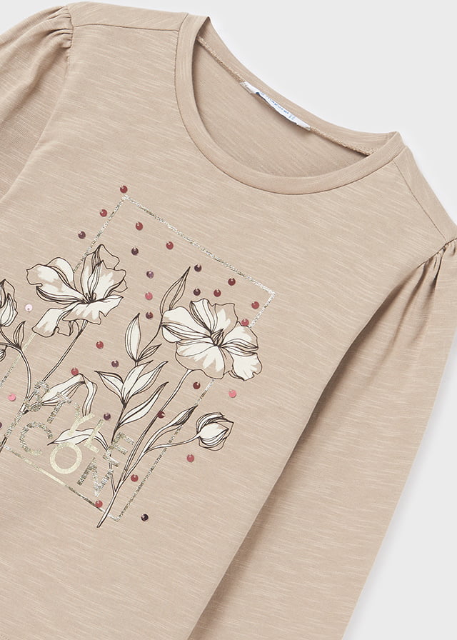MAYORAL Dievčenské tričko s dlhým rukávom s kvetmi svetlohnedé Long sleeved tshirt vison 7053 | Welcomebaby.sk