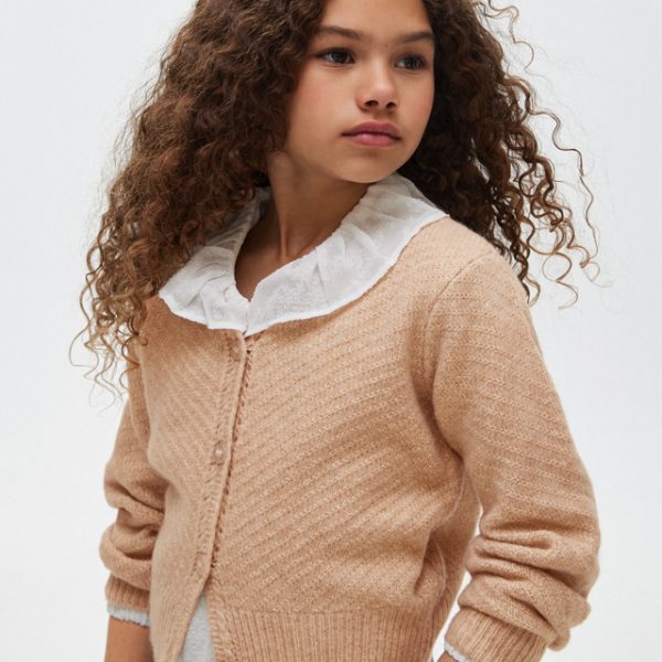 MAYORAL Dievčenský pletený sveter svetlohnedý Knitting cardigan brown 7311 | Welcomebaby.sk