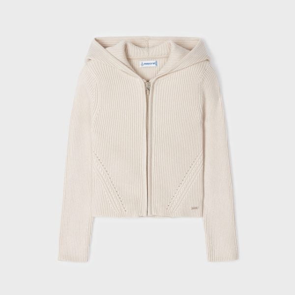 MAYORAL Dievčenský rebrovaný sveter béžový na zips s kapucňou Ribbing pullover beige 3346 | Welcomebaby.sk