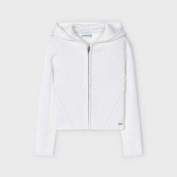 MAYORAL Dievčenský rebrovaný sveter biely na zips s kapucňou Ribbing pullover white 3346 | Welcomebaby.sk