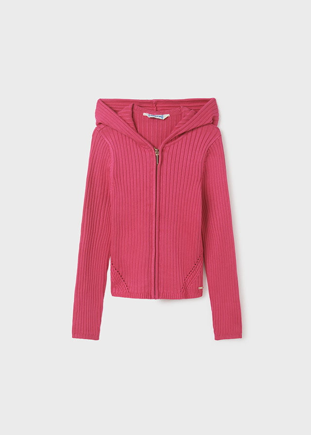 MAYORAL Dievčenský rebrovaný sveter s kapucňou na zips ružový Knitting pullover 6435 | Welcomebaby.sk