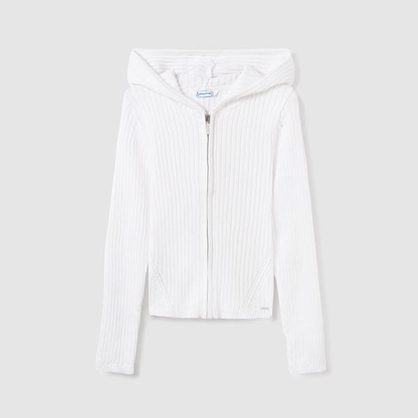 MAYORAL Dievčenský rebrovaný sveter biely s kapucňou na zips Knitting pullover 6435 | Welcomebaby.sk
