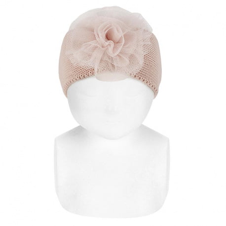 CÓNDOR Pletená čelenka ružová s veľkým tylovým kvetom Garter stitch headband with tulle flower 50058 | Welcomebaby.sk