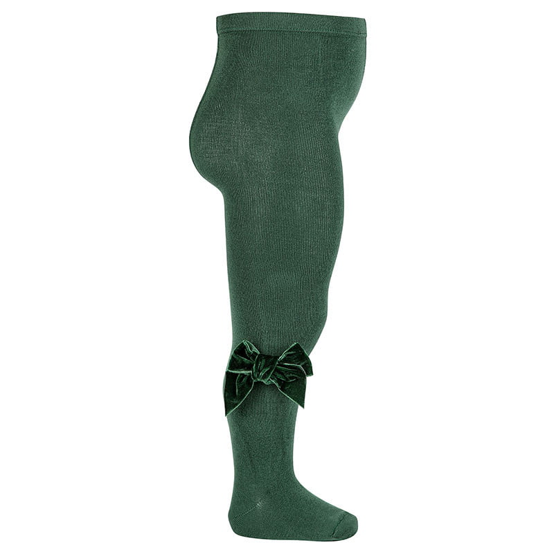 CÓNDOR Hladké pančuchy s velvet mašľou tmavozelené Cotton tights with side velvet bow bottle green 2489 | Welcomebaby.sk