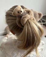 W BABY Plyšová gumička s menším macom béžová Puff rubber band animals beige | Welcomebaby.sk