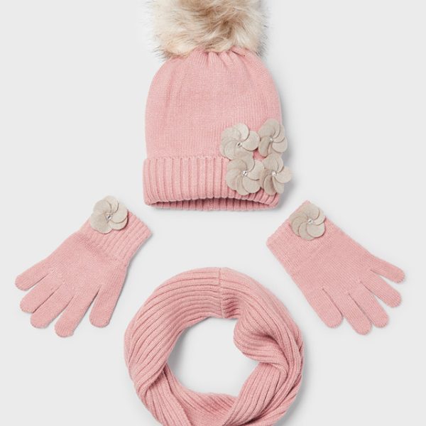 MAYORAL Čiapka, šál a rukavice s kvetom ružový Hat scarf set pink 10597 | Welcomebaby.sk