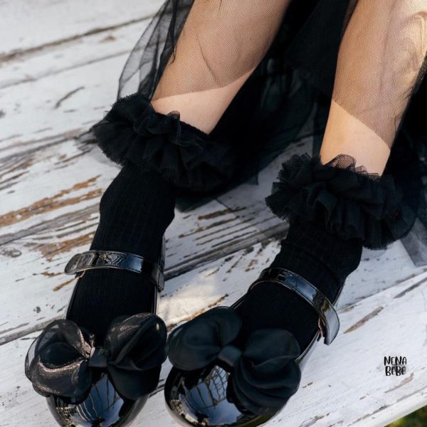 NENA BEBE Rebrované ponožky čierne s tylovým volánom Socks tulle black 5039 | Welcomebaby.sk