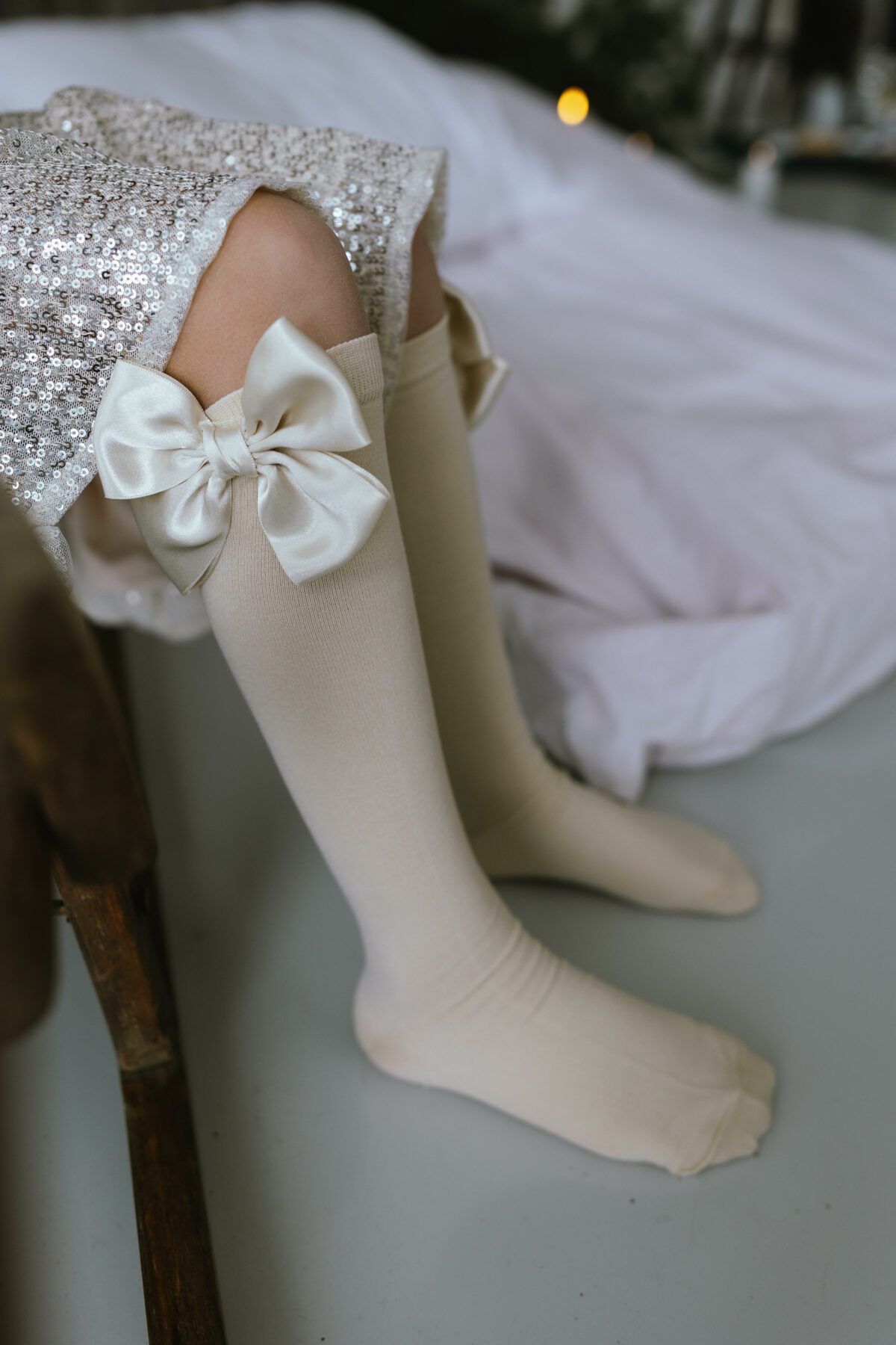 MEIA PATA Podkolienky béžové s dvojitou saténovou mašľou Kneesocks beige with double satin bow 1102M | Welcomebaby.sk