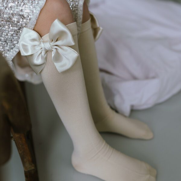 MEIA PATA Podkolienky béžové s dvojitou saténovou mašľou Kneesocks beige with double satin bow 1102M | Welcomebaby.sk