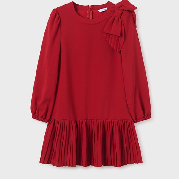 MAYORAL Dievčenské šaty s dlhým rukávom červené Girl crepe bow dress 7954 | Welcomebaby.sk