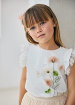 MAYORAL Dievčenské tričko s krátkym rukávom biele Girl tulle flower top white 3079 | Welcomebaby.sk