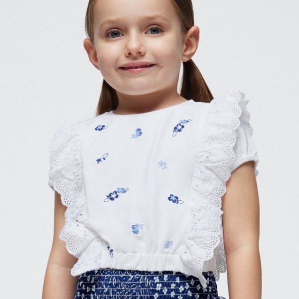 MAYORAL Dievčenská vyšívaná blúzka s volánom biela Girl embroidered ruffles top white 3088 | Welcomebaby.sk