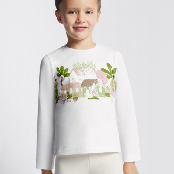 MAYORAL Dievčenské tričko s dlhým rukávom s potlačou biele Girl sequin long sleeved tshirt white 3093 | Welcomebaby.sk