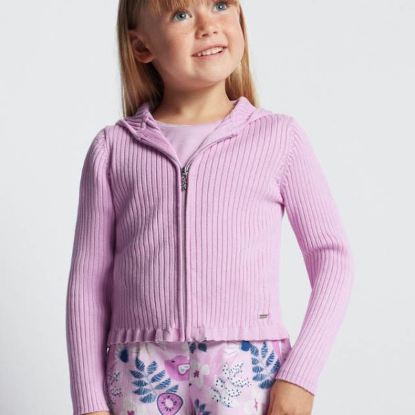 MAYORAL Dievčenský rebrovaný sveter s kapucňou fialový Girl ribbed cardigan mauve 3355 | Welcomebaby.sk
