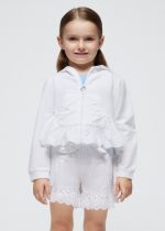 MAYORAL Dievčenská mikina s volánom a kapucňou biela Girl zip ruffle hoodie white 3477 | Welcomebaby.sk