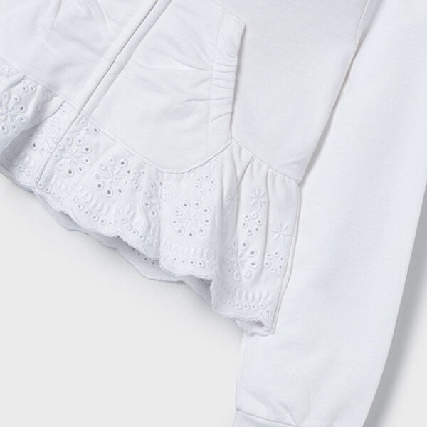 MAYORAL Dievčenská mikina s volánom a kapucňou biela Girl zip ruffle hoodie white 3477 | Welcomebaby.sk