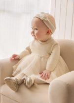 MAYORAL Dievčenské elegantné šaty béžové Pleated knit tulle dress for baby champagne 2858 | Welcomebaby.sk