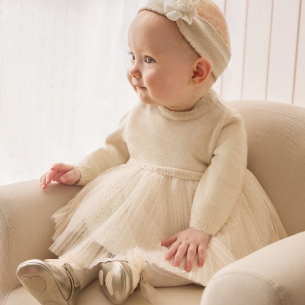MAYORAL Dievčenské elegantné šaty béžové Pleated knit tulle dress for baby champagne 2858 | Welcomebaby.sk