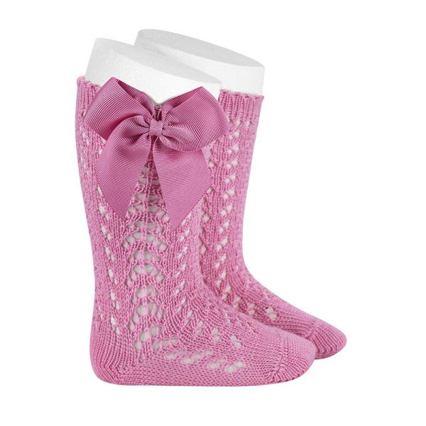 CÓNDOR Háčkované podkolienky so saténovou mašľou ružové Openwork knee socks with bow chewing gum 2519 | Welcomebaby.sk