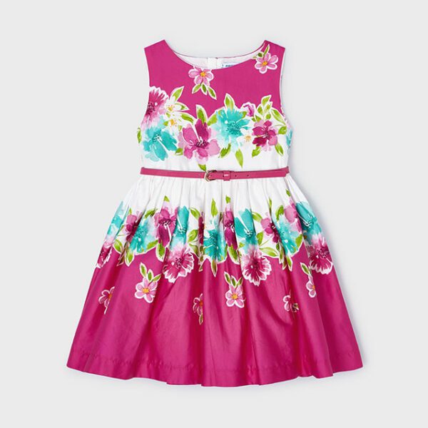 MAYORAL Dievčenské elegantné šaty s kvetmi a opaskom ružové Girl polin belted dress fuchsia 3921 | Welcomebaby.sk