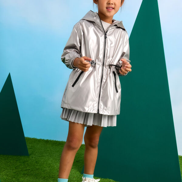 Metalická predĺžená bunda s kapucňou 3411 strieborná Windbreaker silver | Welcomebaby.sk