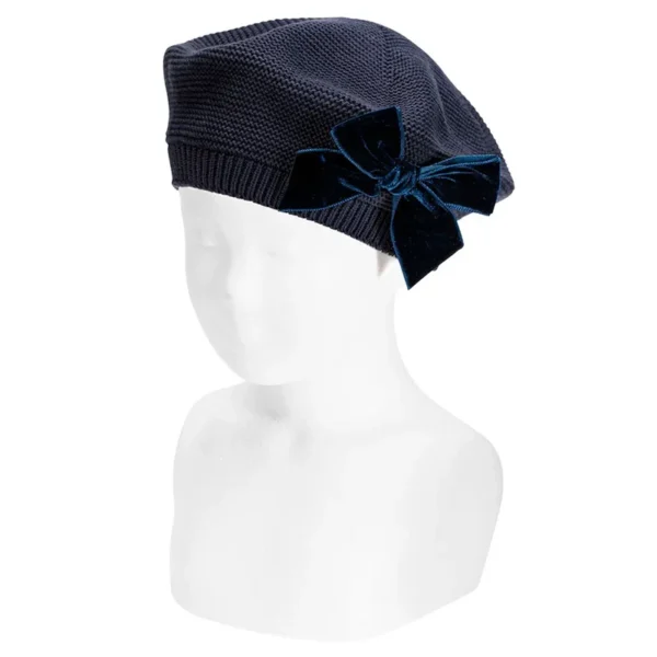 Pletená baretka s velvet mašľou tmavomodrá Cóndor 50104010 | Welcomebaby.sk